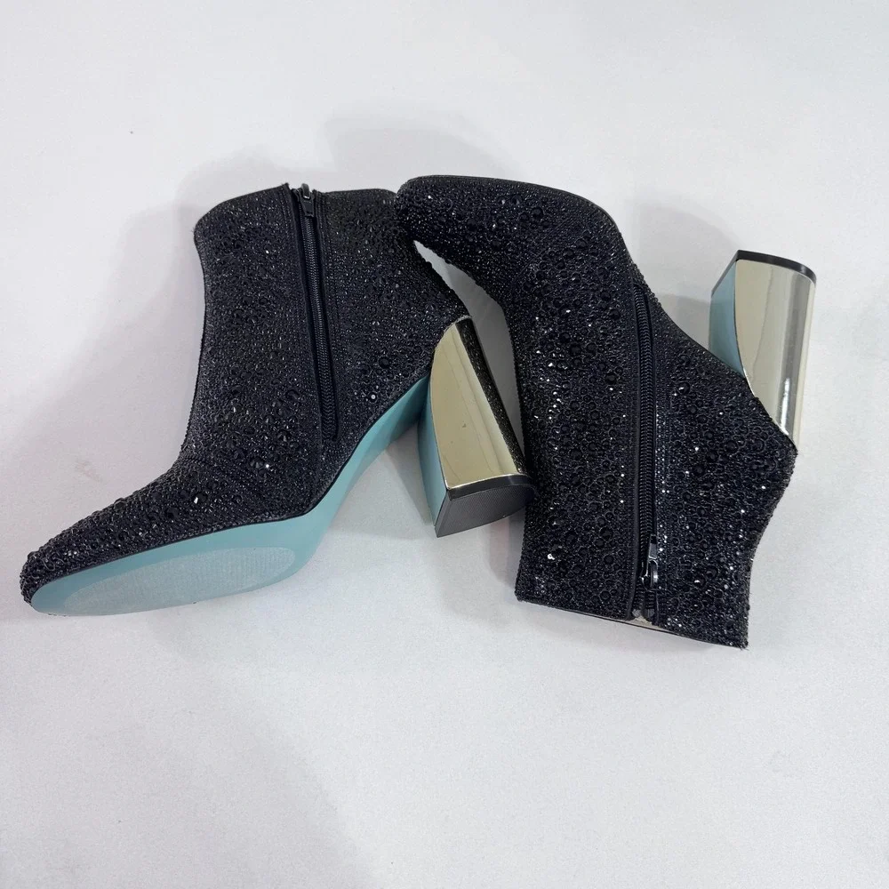 Betsey Johnson Boots Womens Size 6.5 Black Rhinestone Ankle Block Heel SB-HUGO